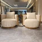 Fluid Curved Luxury Sofa Set with Sculptural Gold Stainless Steel Accents & Hammered Texture Base